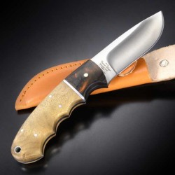 Couteau de Chasse Elk Ridge Hunter Lame Acier Carbone/Inox Manche 2 Bois Etui Cuir ER128 - Livraison Gratuite