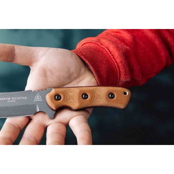 Couteau Tops Shadow Hunter Tan Manche Micarta Lame Acier Carbone 1095 Etui Kydex USA TPSWHR01 - Livraison Gratuite