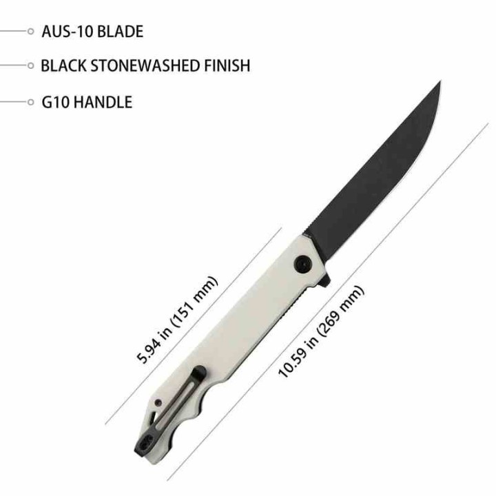Couteau Kubey Pylades Ivory Manche G10 Lame Acier AUS-10 Blackwash IKBS Linerlock Clip KUB253D - Livraison Gratuite