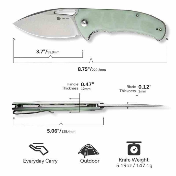 Couteau Sencut Phantara Jade Manche G10 Lame Acier 9Cr18MoV SW Drop Point IKBS Linerlock Clip S230142 - Livraison Gratuite