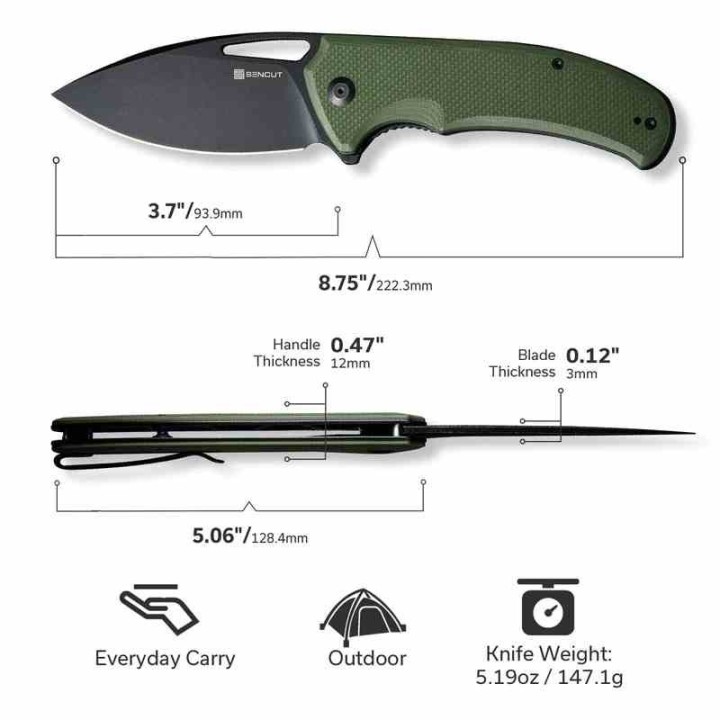 Couteau Sencut Phantara OD Green Manche G10 Lame Acier 9Cr18MoV BLK Drop Point IKBS Linerlock Clip S230143 - Livraison Gratuite