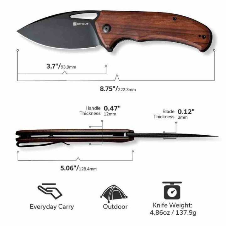 Couteau Sencut Phantara Guibourtia Manche Bois Lame Acier 9Cr18MoV BLK IKBS Linerlock Clip S230144 - Livraison Gratuite