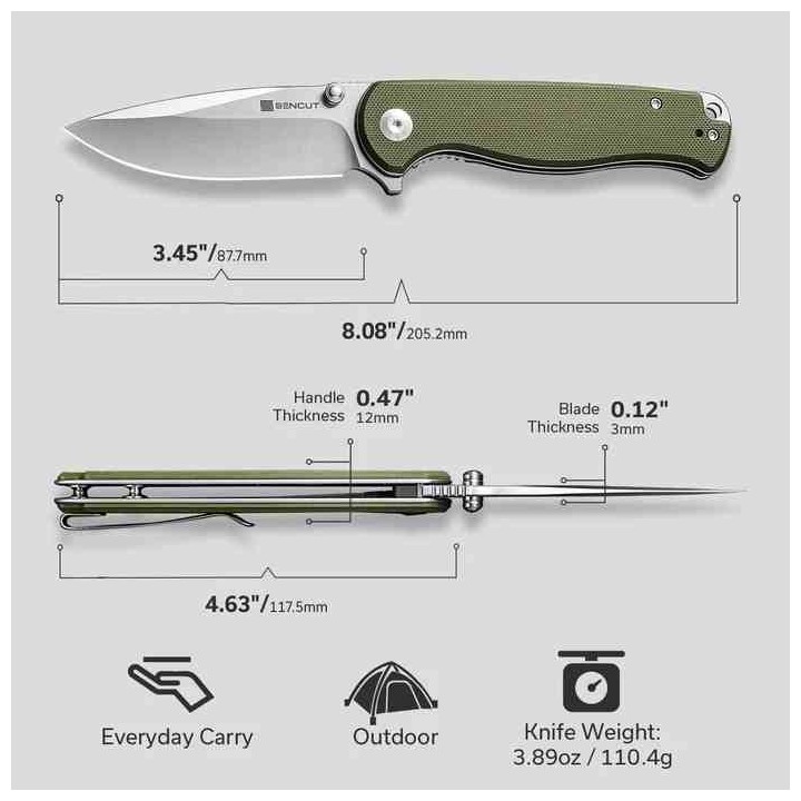 Couteau Sencut Errant OD Green Manche G10 Lame Acier 9Cr18MoV Satin IKBS Linerlock Clip S23054B2 - Livraison Gratuite