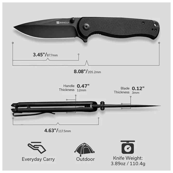Couteau Sencut Errant Black Manche G10 Lame Acier 9Cr18MoV Blackwash IKBS Linerlock Clip S23054B1 - Livraison Gratuite