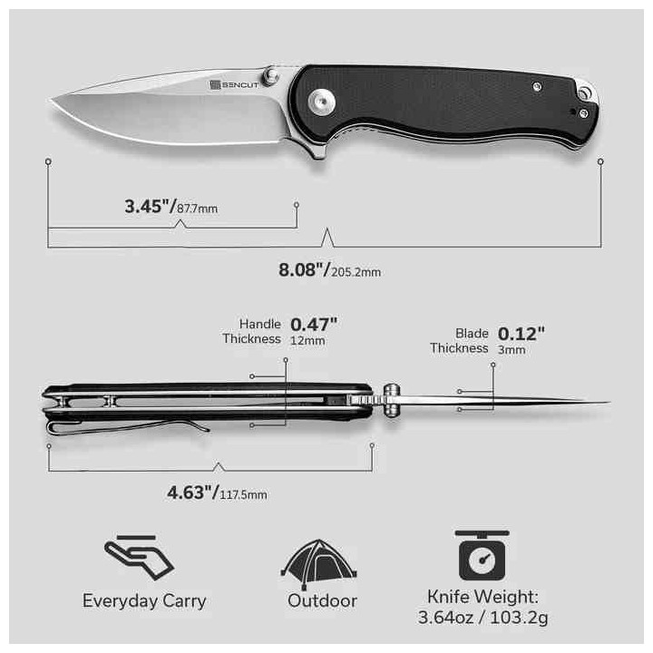 Couteau Sencut Errant Black Manche Micarta Lame Acier 9Cr18MoV Satin IKBS Linerlock Clip S23054B3 - Livraison Gratuite