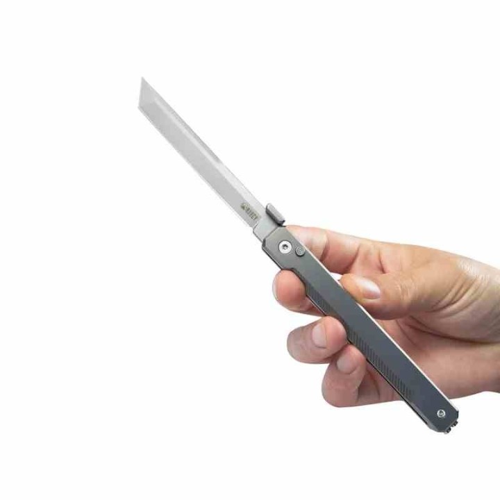 Couteau Kubey Prism Titane Gray Manche 6AL4V Lame Tanto Acier 14C28N IKBS Button Lock Clip KUB243A - Livraison Gratuite