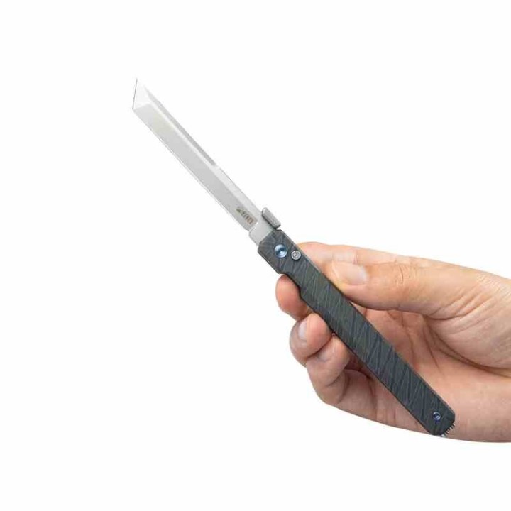 Couteau Kubey Prism Titane Flame Manche 6AL4V Lame Tanto Acier 14C28N IKBS Button Lock Clip KUB243C - Livraison Gratuite