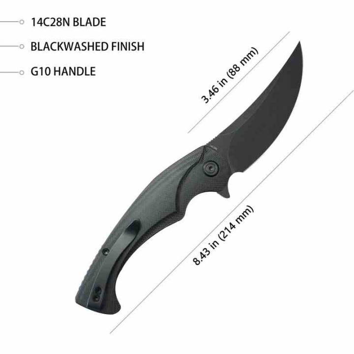 Couteau Kubey Scimitar Black Manche G10 Lame Acier 14C28N Blackwash IKBS Linerlock Clip KUB173L - Livraison Gratuite