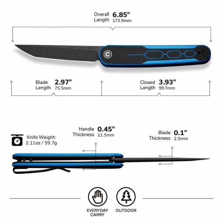 Couteau CIVIVI KwaiQ Blue/Black Manche G10 Lame Tanto Acier Nitro-V BLK IKBS Liner Lock Clip CIVC230153 - Livraison Gratuite