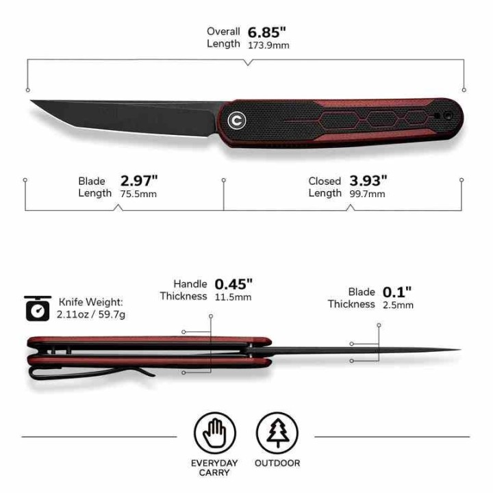 Couteau CIVIVI KwaiQ Burgundy/Black Manche G10 Lame Tanto Acier Nitro-V BLK IKBS Liner Lock Clip CIVC230151 - Livraison Gratuite