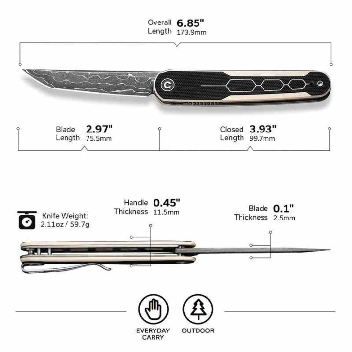 Couteau CIVIVI KwaiQ Ivory/Black Manche G10 Lame Tanto Acier Damas IKBS Liner Lock Clip CIVC23015DS1 - Livraison Gratuite