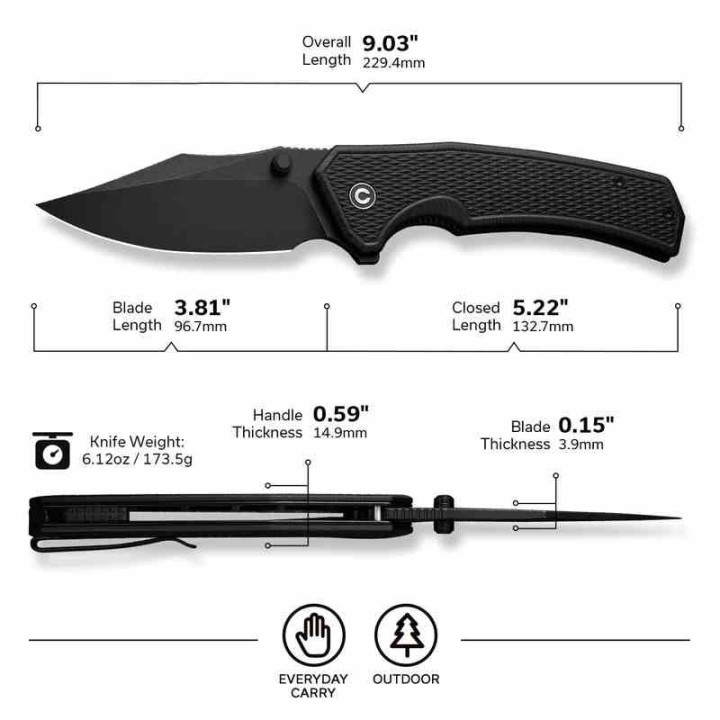 Couteau CIVIVI Vexillum Black Manche G10 Lame Acier Nitro-V Blk Clip Point IKBS Linerlock Clip CIVC23003D1 - Livraison Gratuite