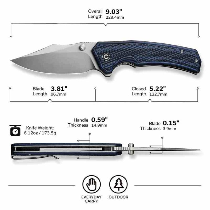 Couteau CIVIVI Vexillum Blue/Black Manche G10 Lame Acier Nitro-V Satin Clip Point IKBS CIVC23003D3 - Livraison Gratuite