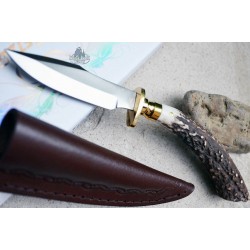 Skinner Couteau de Chasse Hunter Acier Carbone Manche Bois de Cerf Etui Cuir SS7017 - Livraison Gratuite