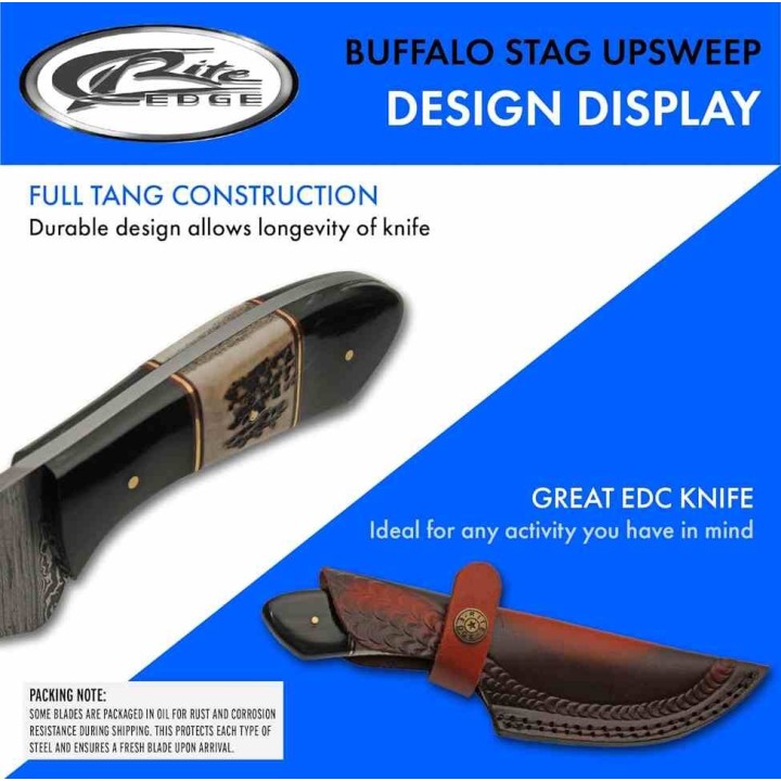 Couteau Damas Skinner Buffalo Stag Lame Acier 256 Damas Manche Corne Etui Cuir DM1356 - Livraison Gratuite