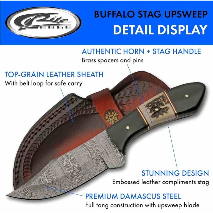 Couteau Damas Skinner Buffalo Stag Lame Acier 256 Damas Manche Corne Etui Cuir DM1356 - Livraison Gratuite