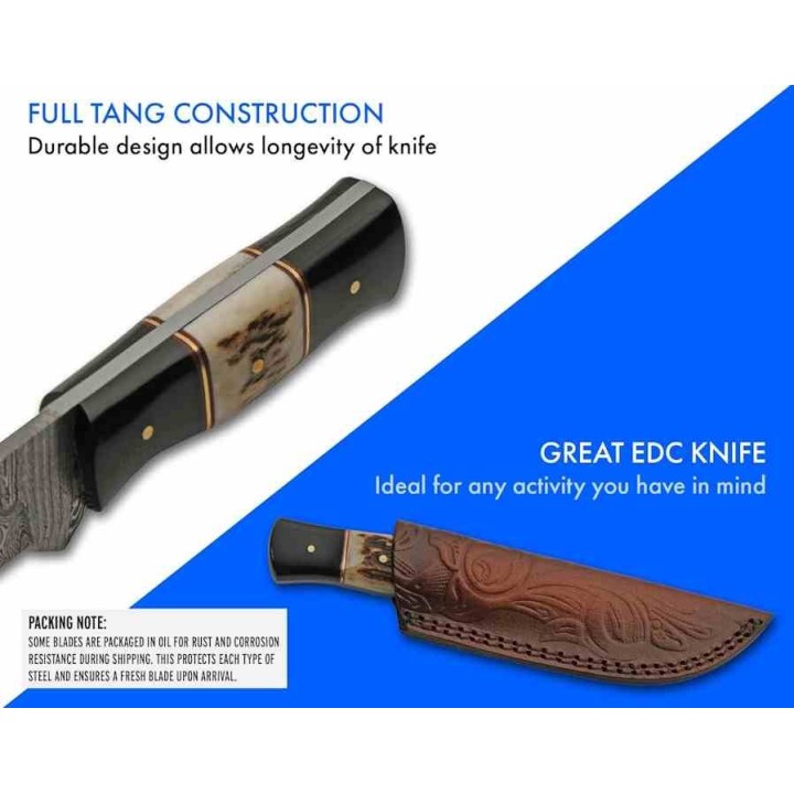 Couteau Damas Skinner Buffalo Stag Lame Acier 256 Damas Manche Corne Etui Cuir DM1355 - Livraison Gratuite