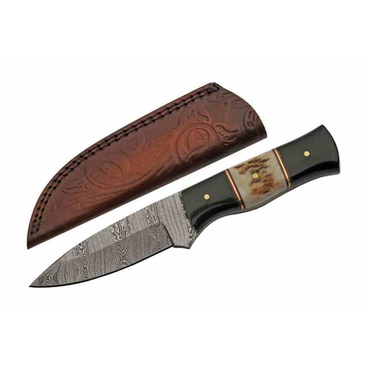 Couteau Damas Skinner Buffalo Stag Lame Acier 256 Damas Manche Corne Etui Cuir DM1355 - Livraison Gratuite