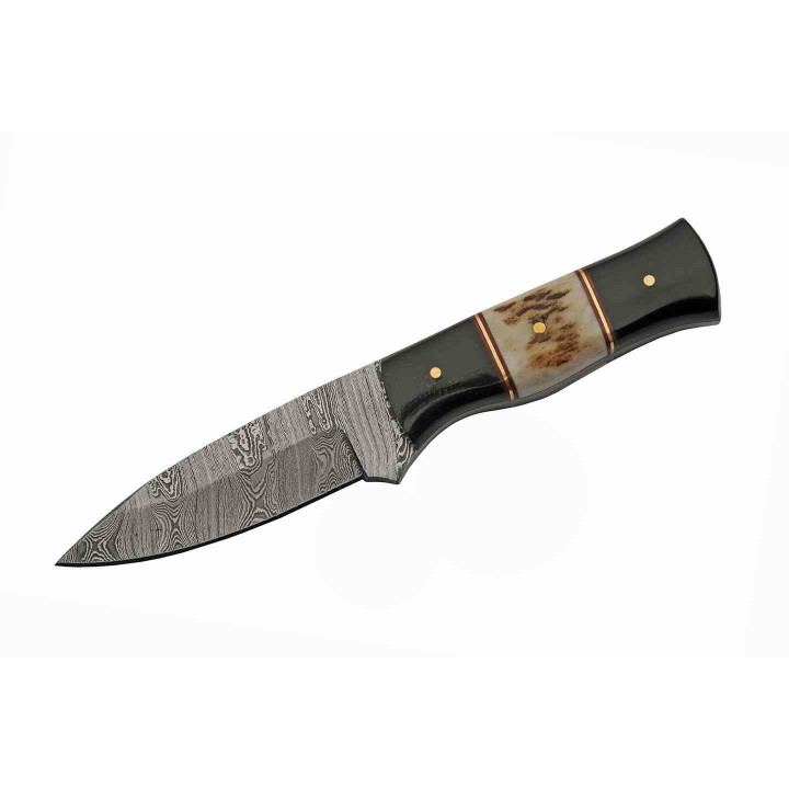 Couteau Damas Skinner Buffalo Stag Lame Acier 256 Damas Manche Corne Etui Cuir DM1355 - Livraison Gratuite