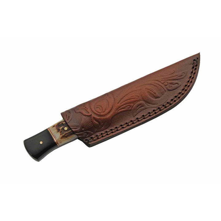 Couteau Damas Skinner Buffalo Stag Lame Acier 256 Damas Manche Corne Etui Cuir DM1355 - Livraison Gratuite