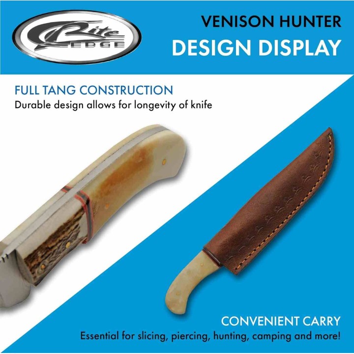 Conteau Rite Edge Venison Hunter Manche Os & Bois de Cerf Lame Acier Inox Etui Cuir PA8028 - Livraison Gratuite