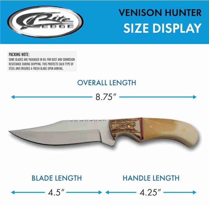 Conteau Rite Edge Venison Hunter Manche Os & Bois de Cerf Lame Acier Inox Etui Cuir PA8028 - Livraison Gratuite
