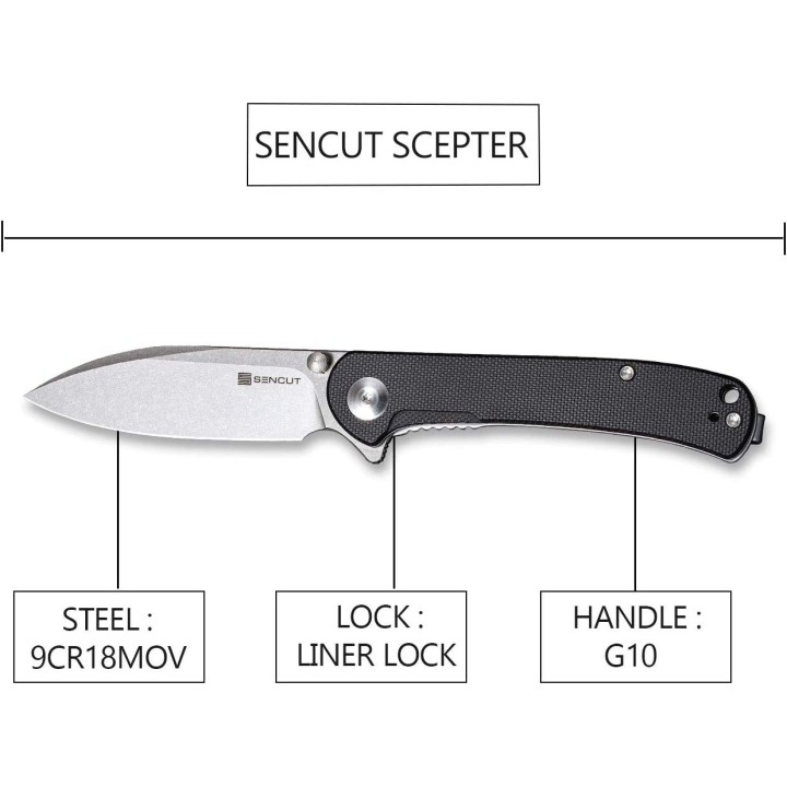 Couteau SENCUT Scepter Black Manche G10 Lame Acier 9Cr18MOB IKBS Linerlock CLip SA03B - Livraison Gratuite