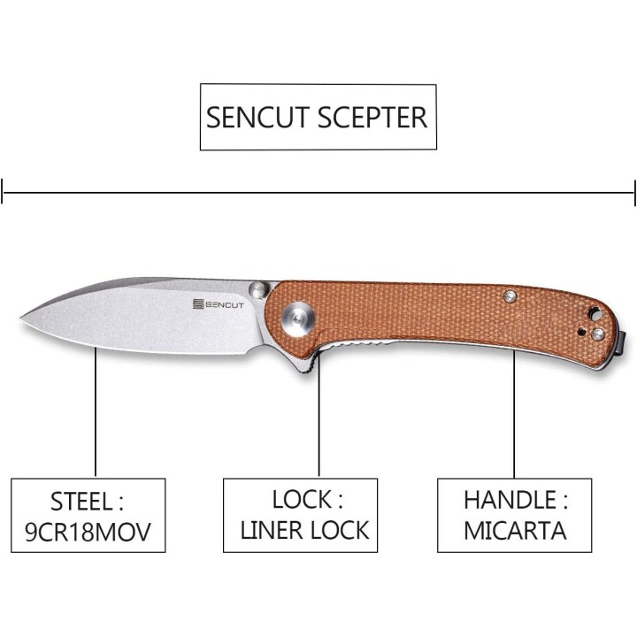 Couteau SENCUT Scepter Brown Manche Micarta Lame Acier 9Cr18MOB IKBS Linerlock CLip SA03D - Livraison Gratuite