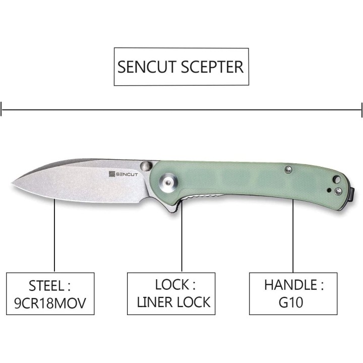 Couteau SENCUT Scepter Jade Manche G10 Lame Acier 9Cr18MOB IKBS Linerlock CLip SA03C - Livraison Gratuite