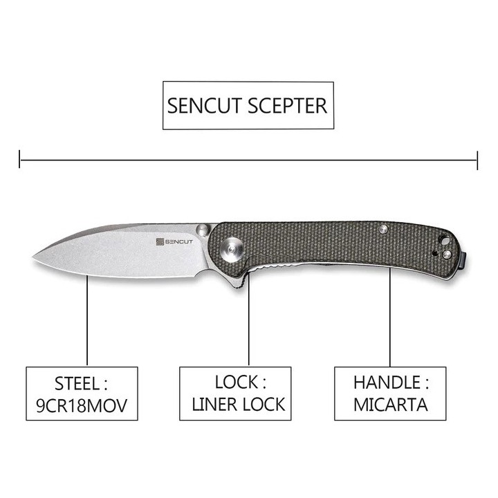 Couteau SENCUT Scepter Dark Green Manche Micarta Lame Acier 9Cr18MOB IKBS Linerlock CLip SA03F - Livraison Gratuite