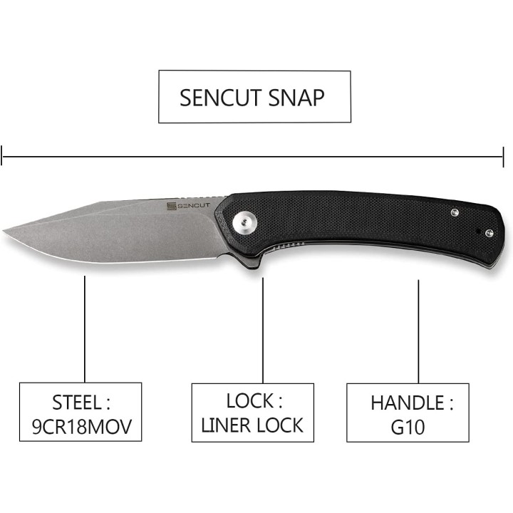 Couteau SENCUT Snap Black Manche G10 Lame Acier 9Cr18MOB IKBS Linerlock CLip SA05BV1 - Livraison Gratuite