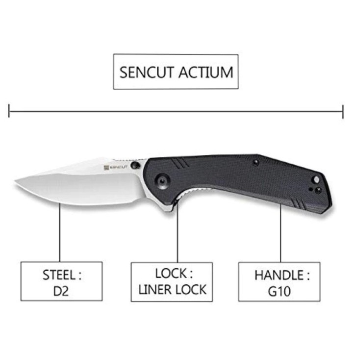 Couteau SENCUT Actium Black Manche G10 Lame Acier D2 IKBS Linerlock CLip SA02B - Livraison Gratuite