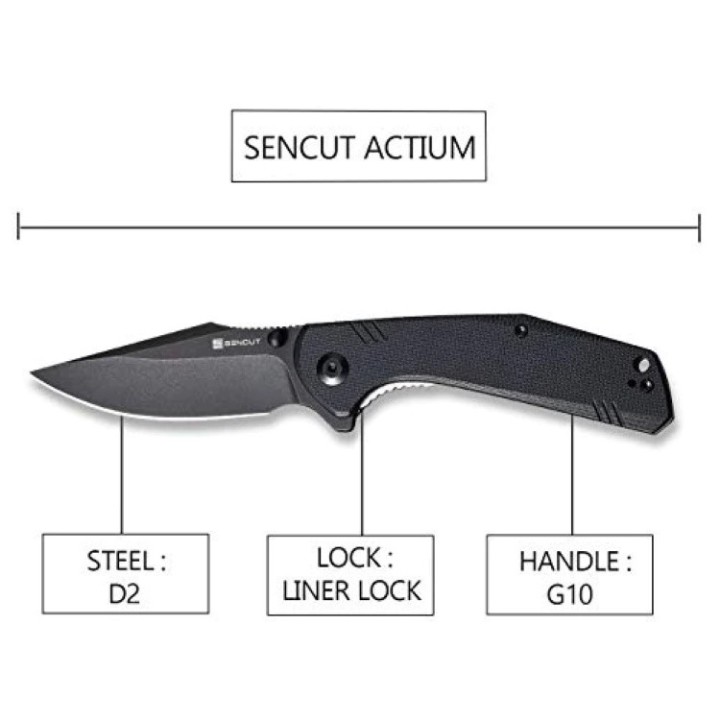 Couteau SENCUT Actium Black Manche G10 Lame Acier D2 IKBS Linerlock CLip SA02C - Livraison Gratuite