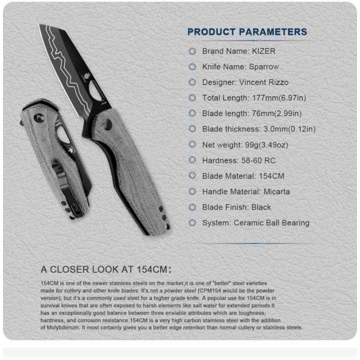 Couteau Kizer Sparrow Black Manche Micarta Lame Acier 154CM Blk LinerLock IKBS Clip KIV3628C1 - Livraison Gratuite
