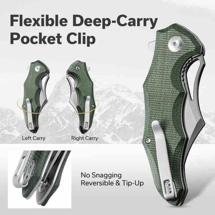 Couteau CIVIVI Chiro Green Manche Micarta Lame Acier 14C28N Clip Point IKBS Linerlock Clip CIVC230462 - Livraison Gratuite