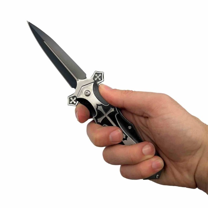 Lot de 2 Couteau Biker ElitEdge Knight A/O Black Lame Acier Inox Dagger Manche Abs Clip Linerlock EE10817BK - Livraison Gratuite