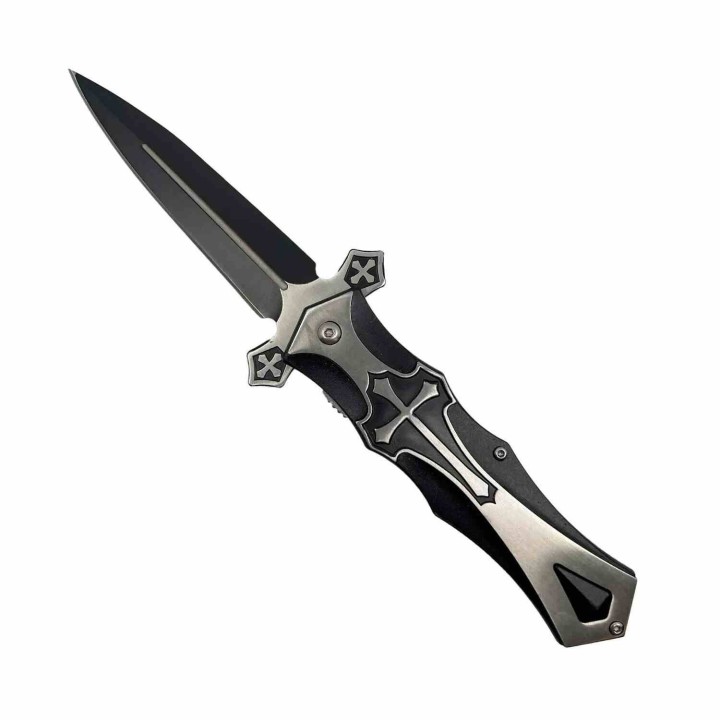 Lot de 2 Couteau Biker ElitEdge Knight A/O Black Lame Acier Inox Dagger Manche Abs Clip Linerlock EE10817BK - Livraison Gratuite