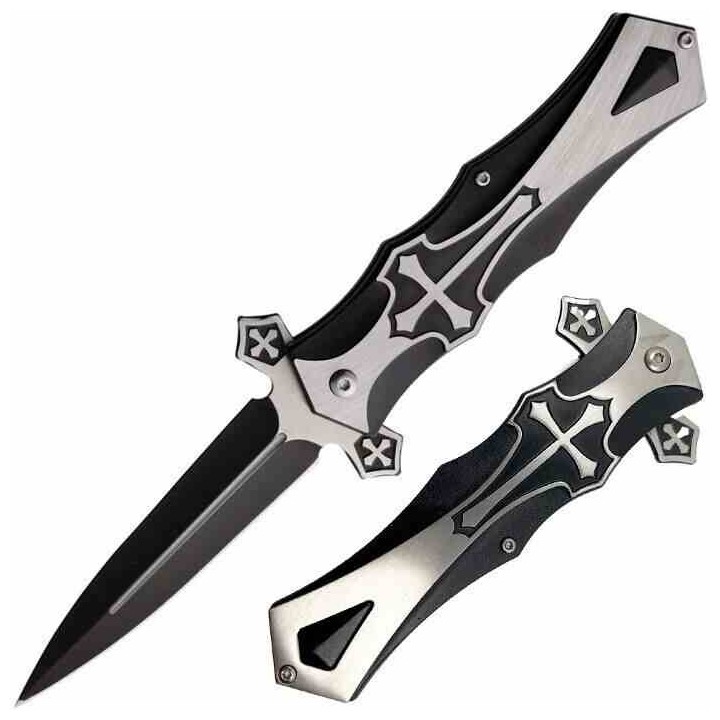 Lot de 2 Couteau Biker ElitEdge Knight A/O Black Lame Acier Inox Dagger Manche Abs Clip Linerlock EE10817BK - Livraison Gratuite