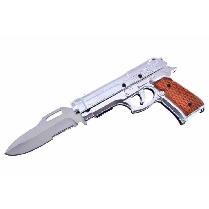 Couteau Pistolet Elitedge Pistol Linerlock A/O Lame Acier 420C Manche Silver Alu Etui Nylon EE10930SW - Livraison Gratuite
