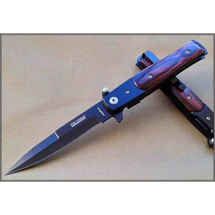 Couteau Stiletto Tac Folder Assisted Opening Lame Acier Carbone/Inox Manche Bois TF428WB - Livraison Gratuite