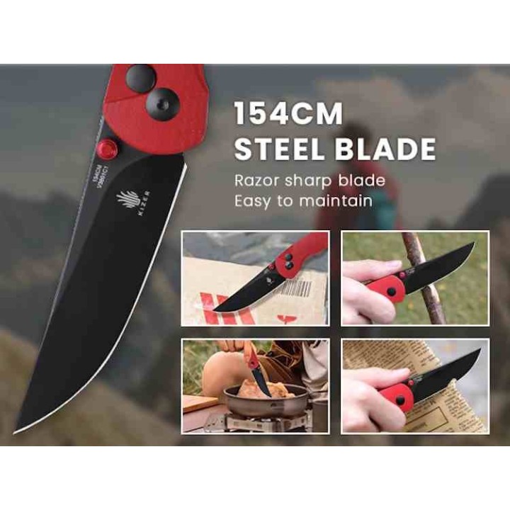 Couteau Kizer Chili Pepper Red Lame Acier 154CM Black Trailing Point Manche G10 Button Lock Clip KIV3601C1 - Livraison Gratuite