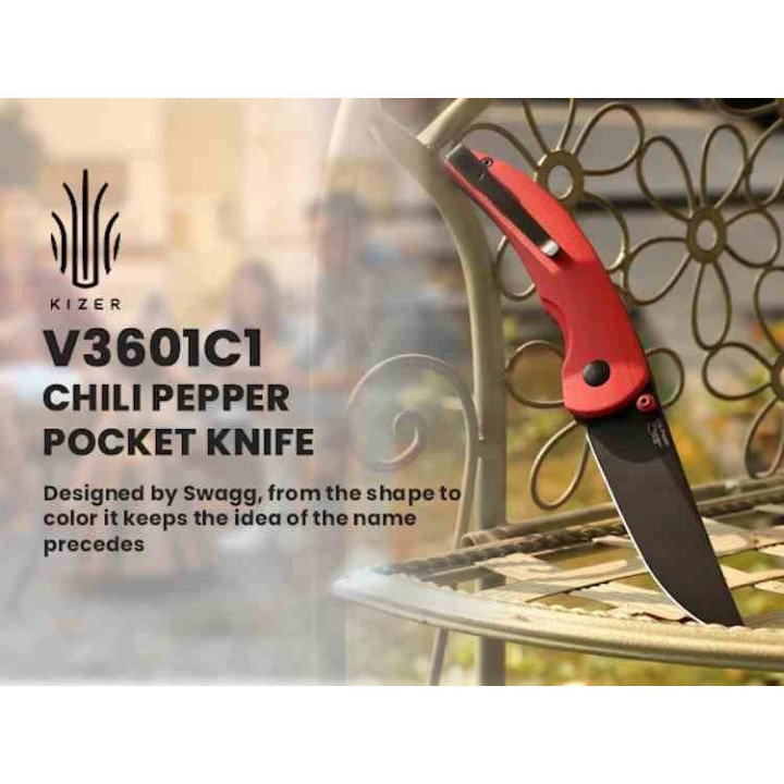 Couteau Kizer Chili Pepper Red Lame Acier 154CM Black Trailing Point Manche G10 Button Lock Clip KIV3601C1 - Livraison Gratuite