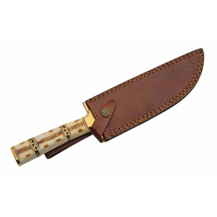  Couteau de Chasse Trappeur Western Hunter Bone Manche Os Lame Acier Inox Etui Cuir PA203499 - Livraison Gratuite