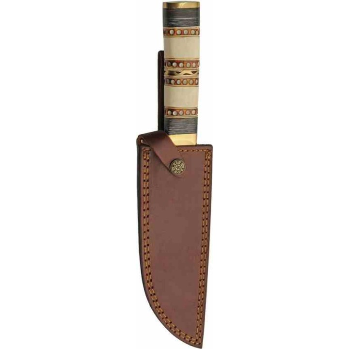  Couteau de Chasse Trappeur Ring Bone Hunter Manche Os Lame Acier Inox Etui Cuir PA203496 - Livraison Gratuite