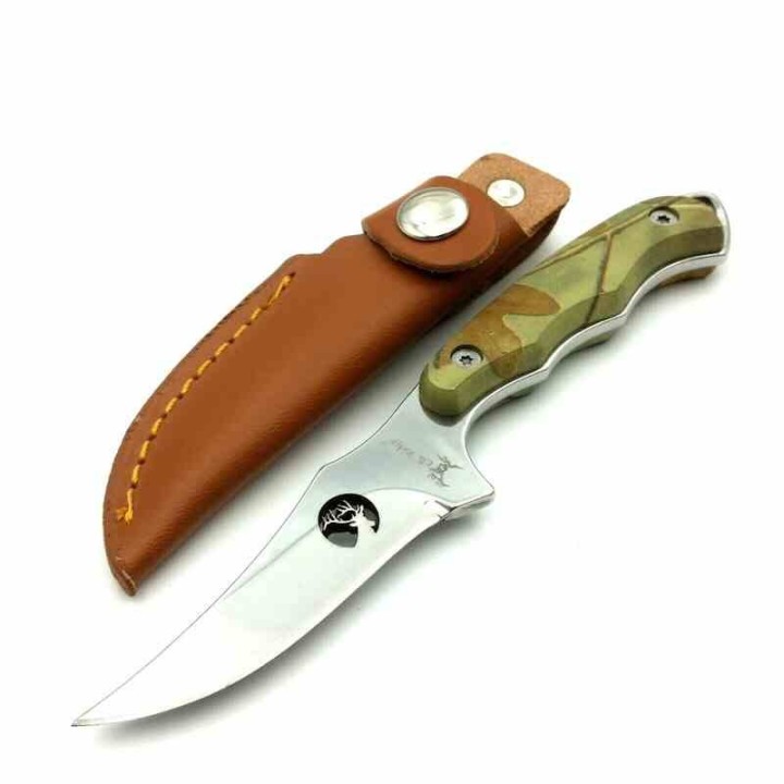 Couteau Elk Ridge Upswept Hunter Camo Manche Pakkawood Lame Acier 440 Etui Cuir ER059CA - Livraison Gratuite