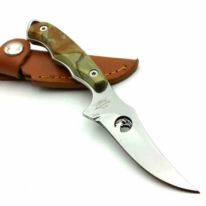 Couteau Elk Ridge Upswept Hunter Camo Manche Pakkawood Lame Acier 440 Etui Cuir ER059CA - Livraison Gratuite