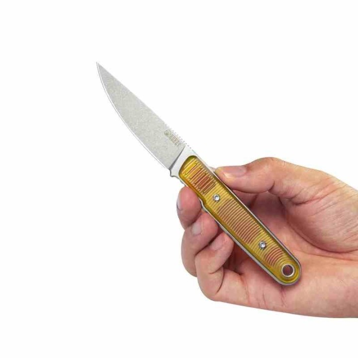 Couteau Kubey JL Fixie Yellow Manche Ultem Lame Beadblast Acier 14C28N Etui Kydex KUB356C - Livraison Gratuite