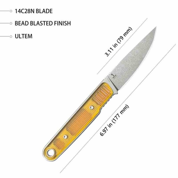 Couteau Kubey JL Fixie Yellow Manche Ultem Lame Beadblast Acier 14C28N Etui Kydex KUB356C - Livraison Gratuite