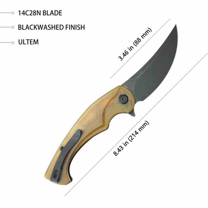 Couteau Kubey Scimitar Yellow Manche Ultem Lame Acier 14C28N Blackwash IKBS Linerlock Clip KUB173H - Livraison Gratuite
