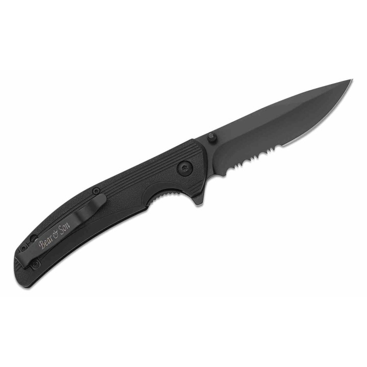 Couteau Tactical Bear & Son Sideliner Lame Acier 440 Combo Edge Manche Black Zytel Linerlock USA BC778BSR - Livraison Gratuite